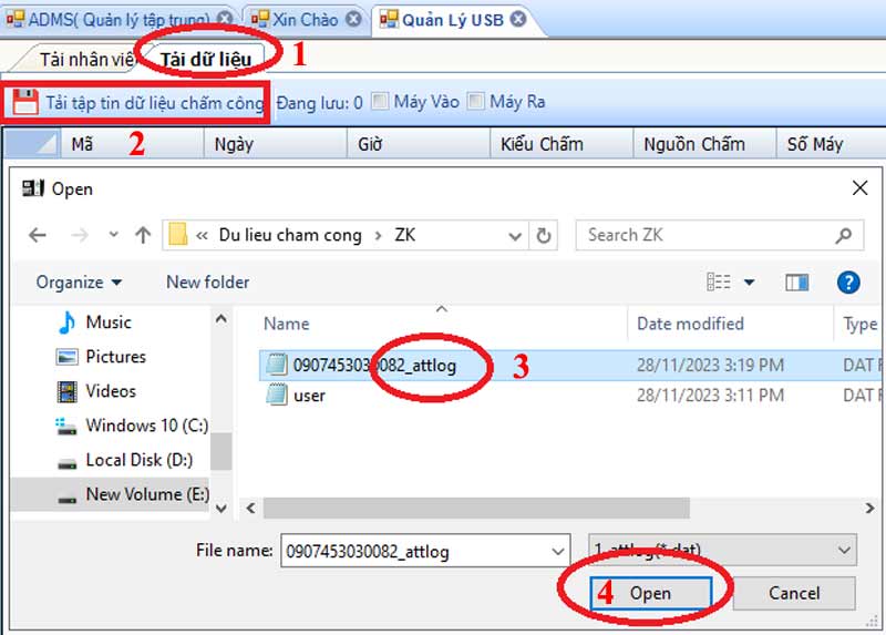 Tải dữ liệu chấm công từ USB dòng ZK